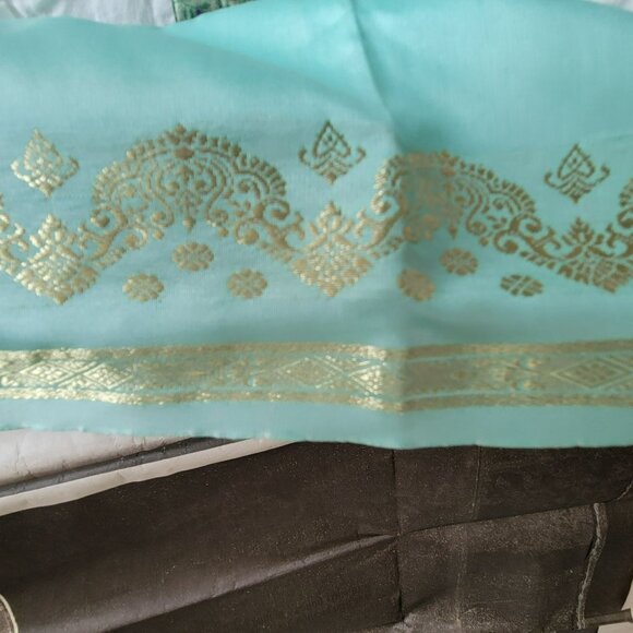 Seafoam Green Silk & Gold Banarasi Saree Sari 2 Pcs NEW 44W x 184L - Picture 16 of 16